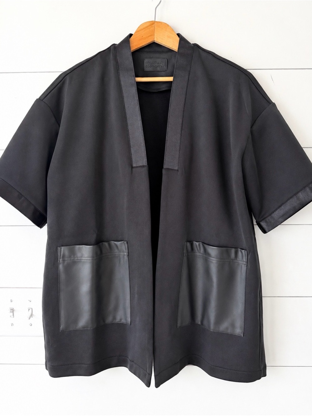 Cooperative Black Short-Sleeve Open-Front Jacket with Satin Trim